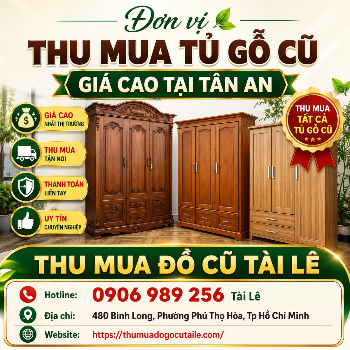 Đơn vị thu mua tủ gỗ cũ giá cao tại Tân An