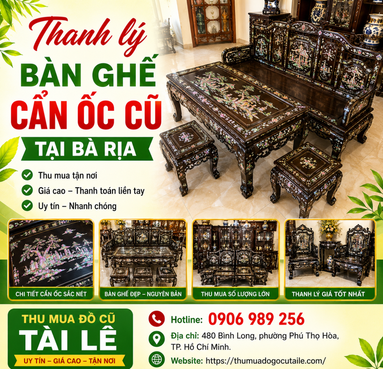 Thanh lý bàn ghế cẩn ốc cũ tại Bà Rịa